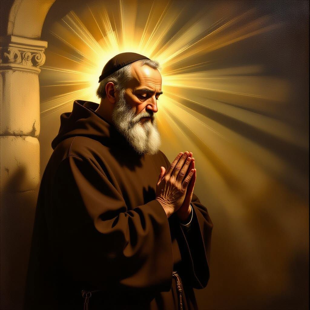 Padre Pio in Solemn Oil Painting with Divine Light