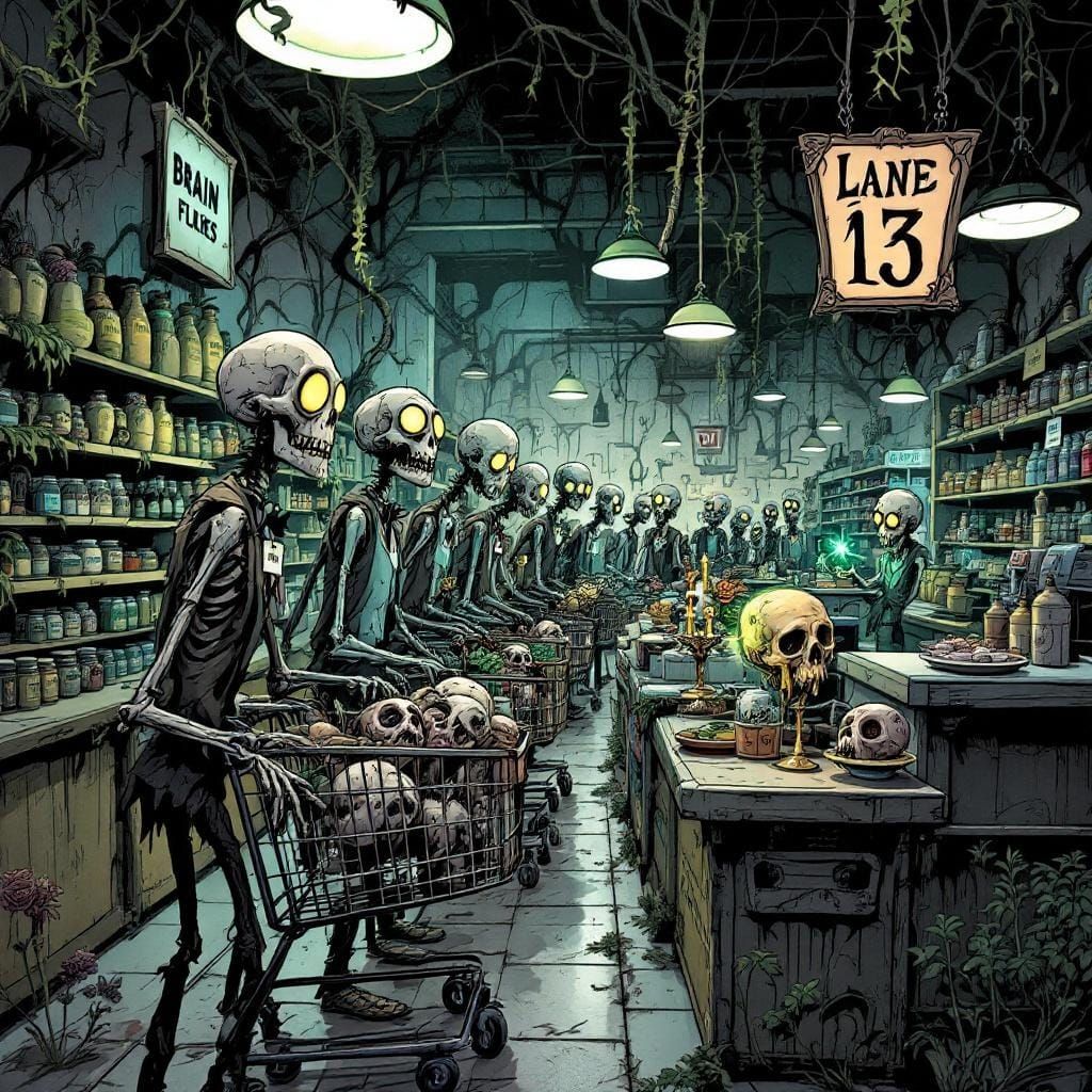 Gloomy Whimsical Supermarket Illustration in Tim Burton Styl...