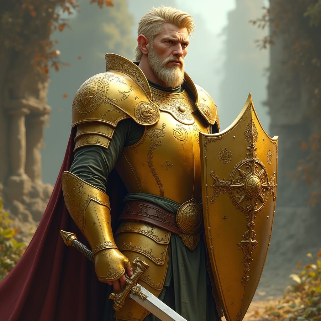 Heroic Golden Paladin in Fantasy Realm