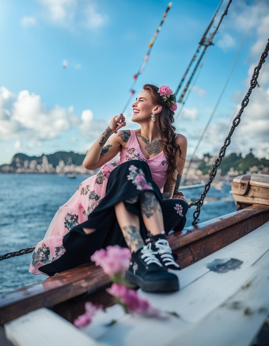 Beautiful Tattooed Pirate Girl Portrait with Bokeh