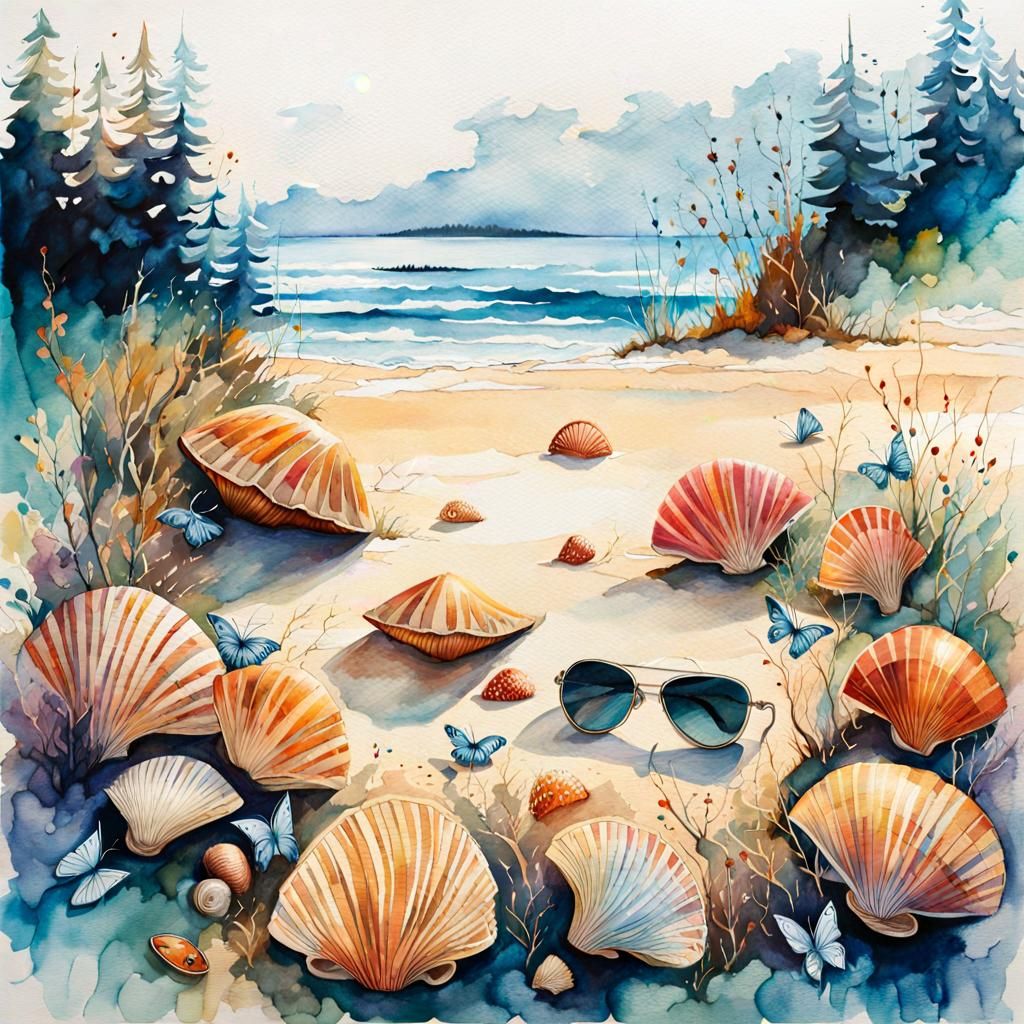 Beach Scene in Digital Watercolor Style