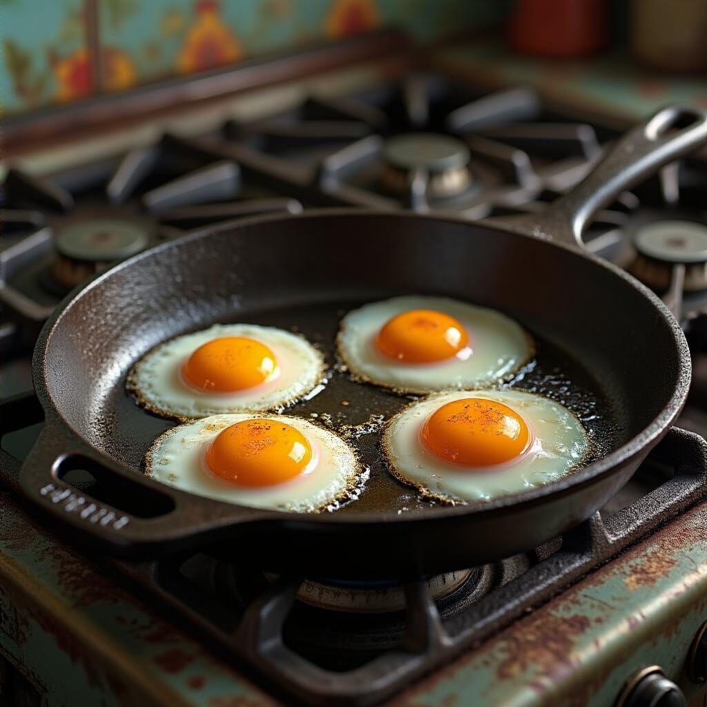 Hyperrealistic Eggs Sizzle in Antique Skillet
