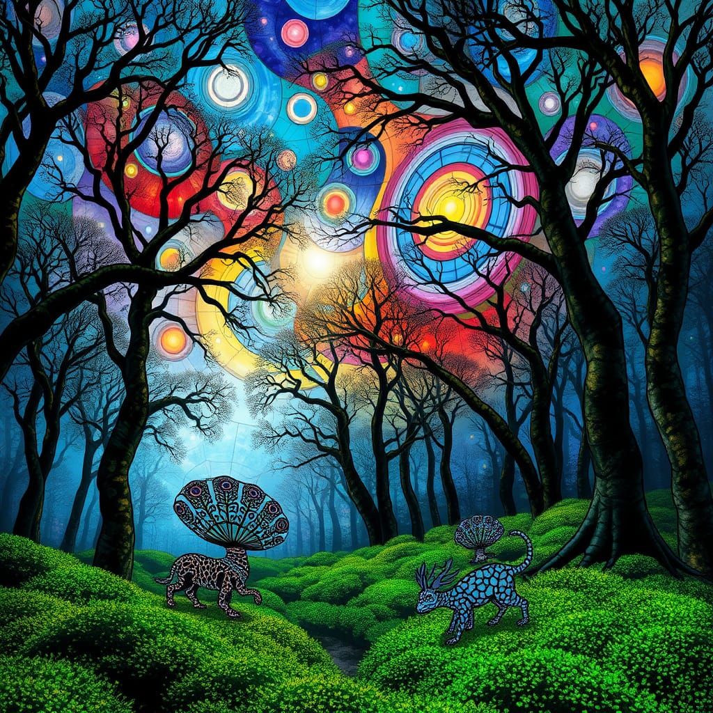 Stained Glass Forest Glade with Nebula Sky