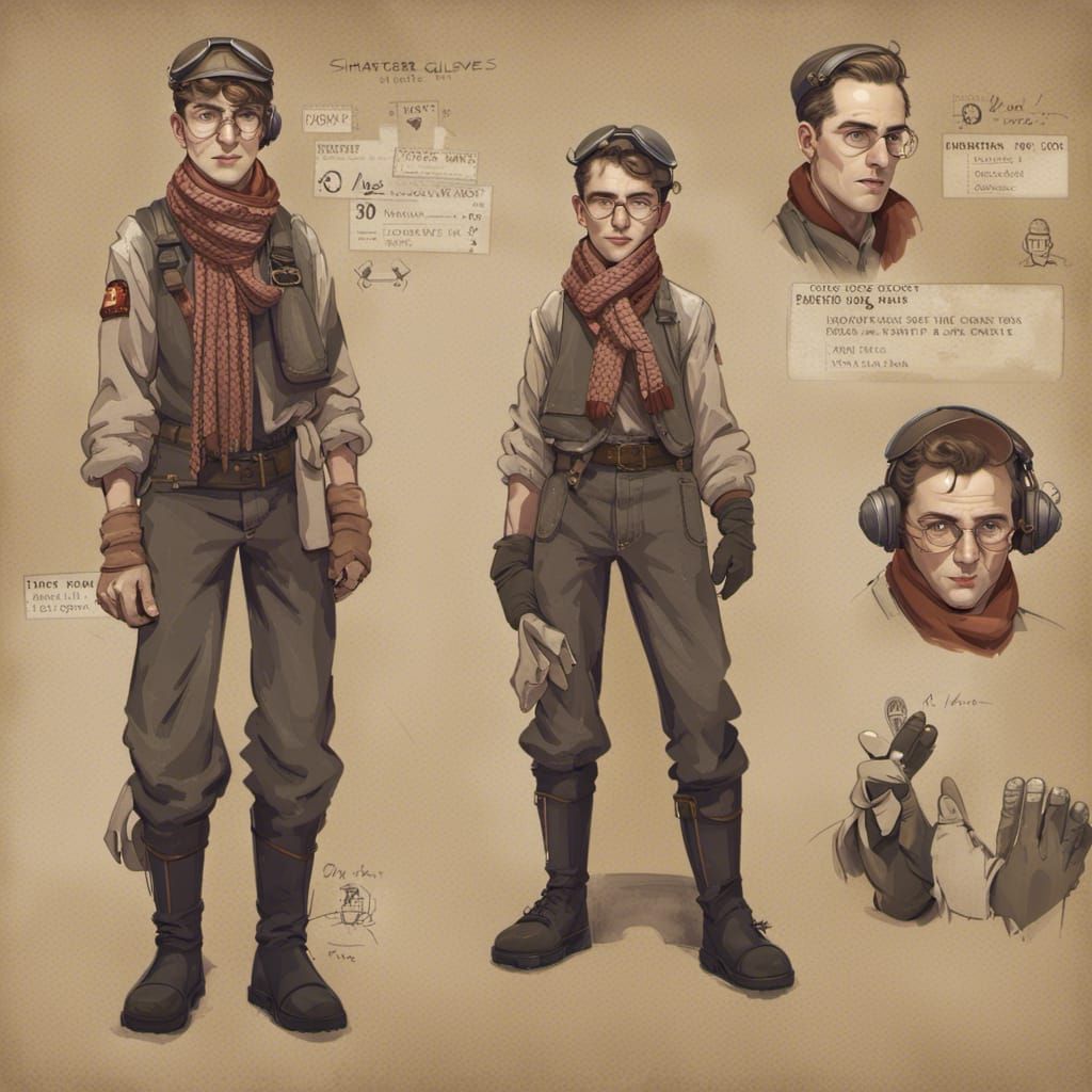 1920s Pilot Character Sheet with Flowing Scarf