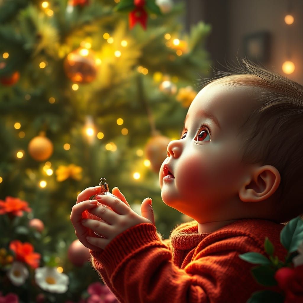 Adorable Baby Gazes Up at a Stunning Christmas Tree in Hyper...