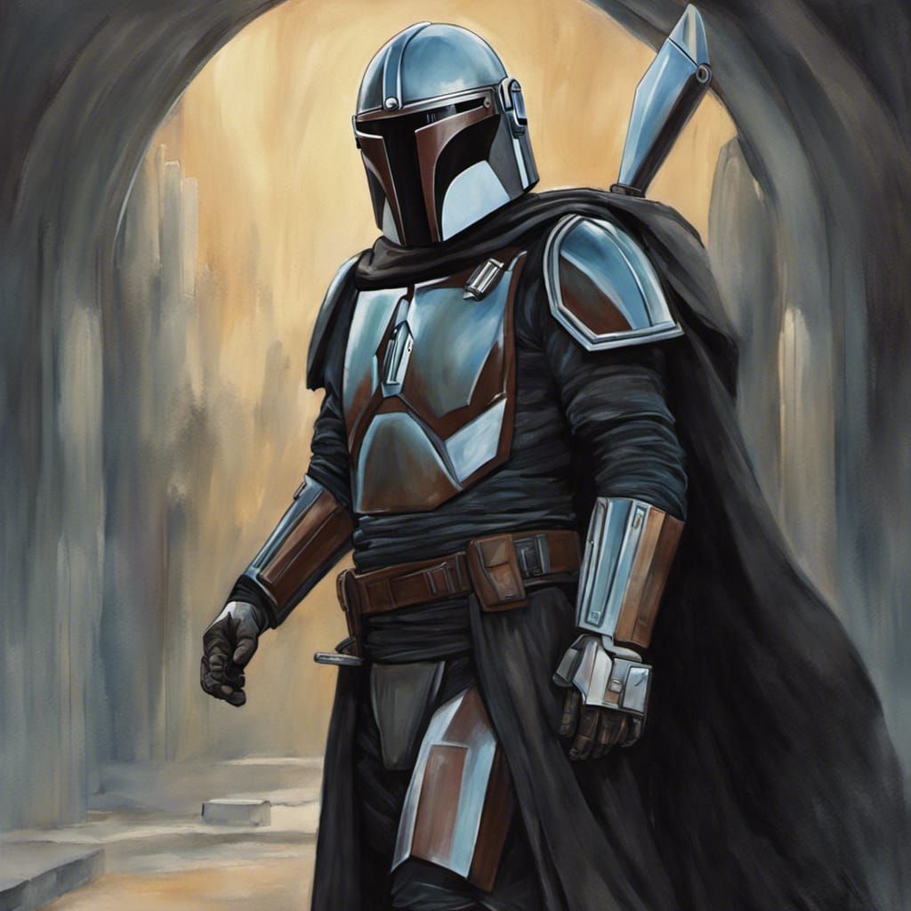 Mandalorian Jedi in Black Robe, Digital Gouache Painting