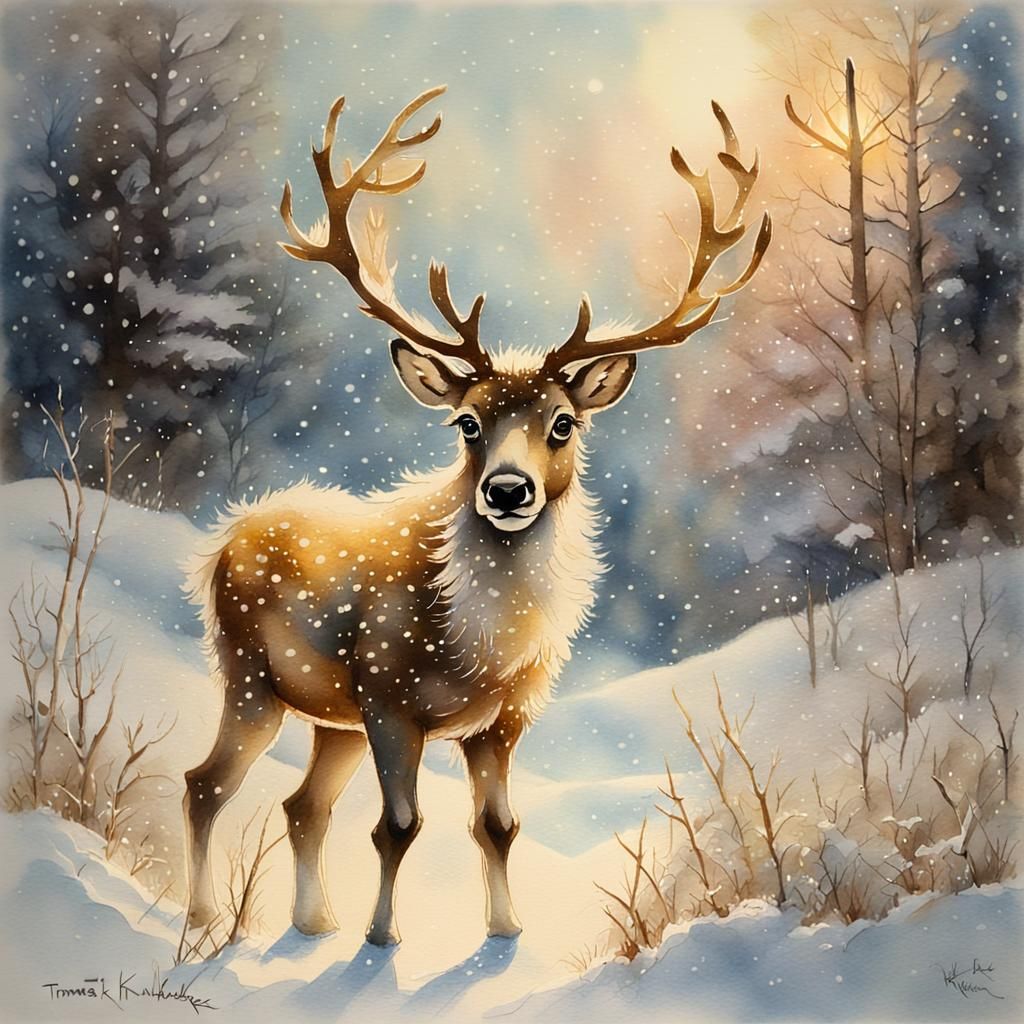 Winter Wonderland with Fluffy Baby Reindeer in Warm Golden L...