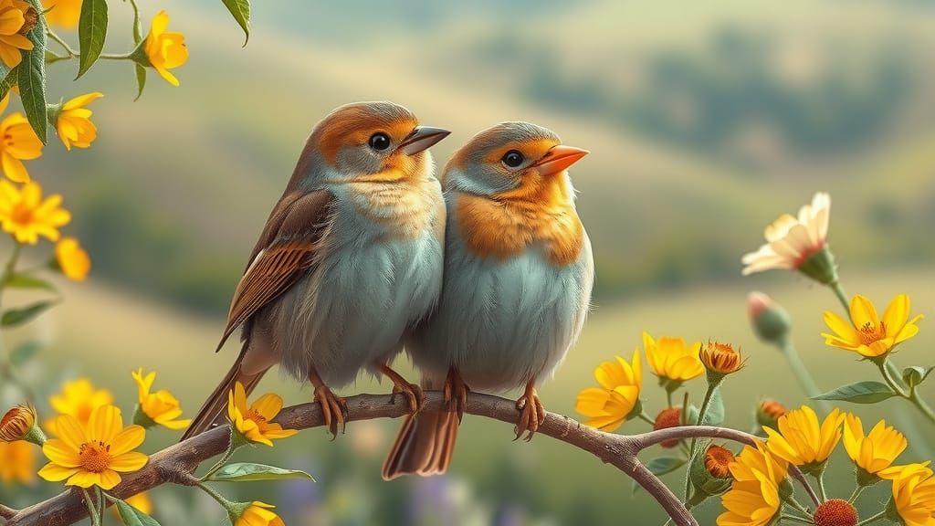 Whimsical Springtime Scene with Two Sparrow Friends