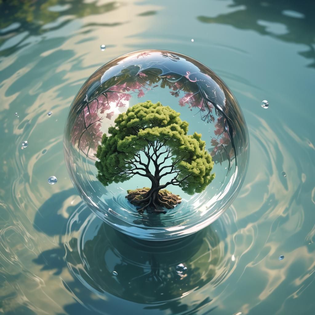Tree in Glass Ball on Water, Anime Art