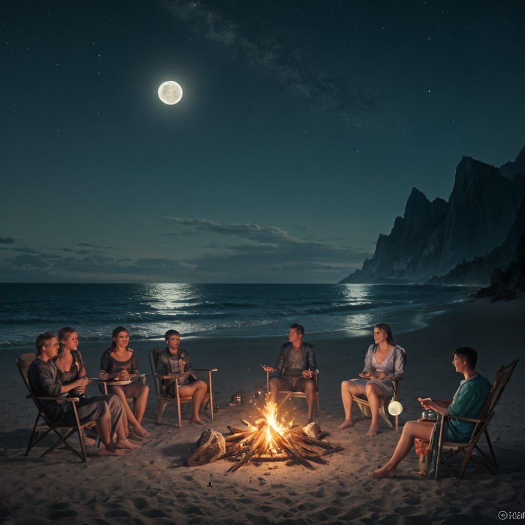 Beach Campfire at Night: Hyperdetailed Concept Art