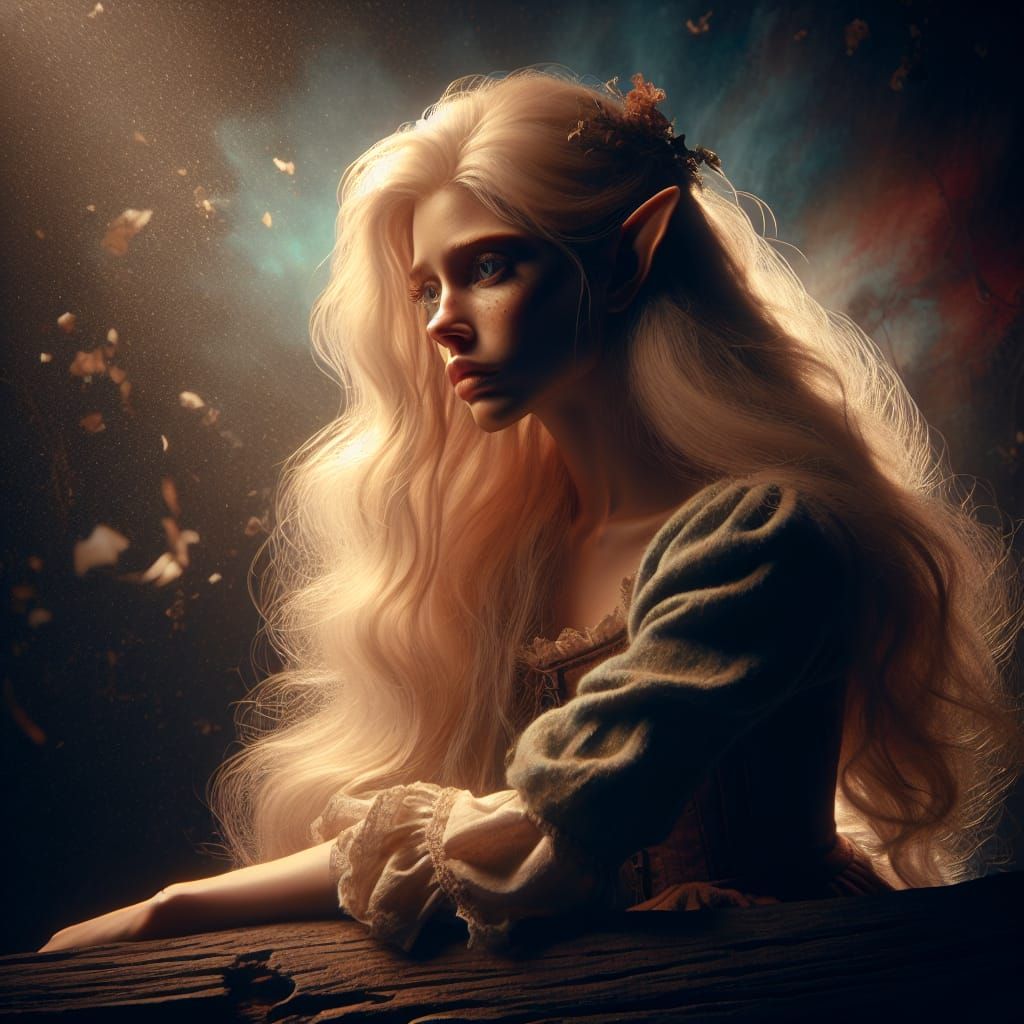 beautiful sad blonde female elf sitting on a log