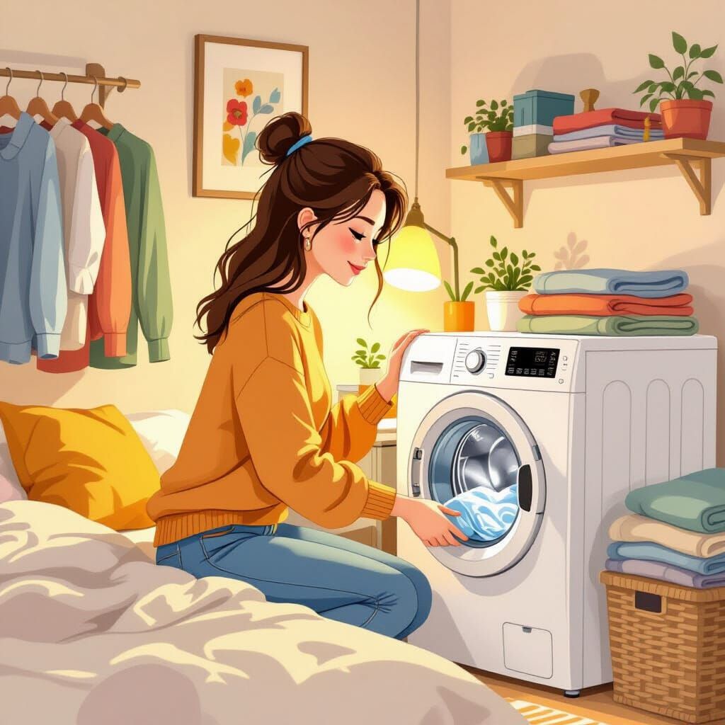 Young Woman Starts Washing Machine in Cozy Bedroom