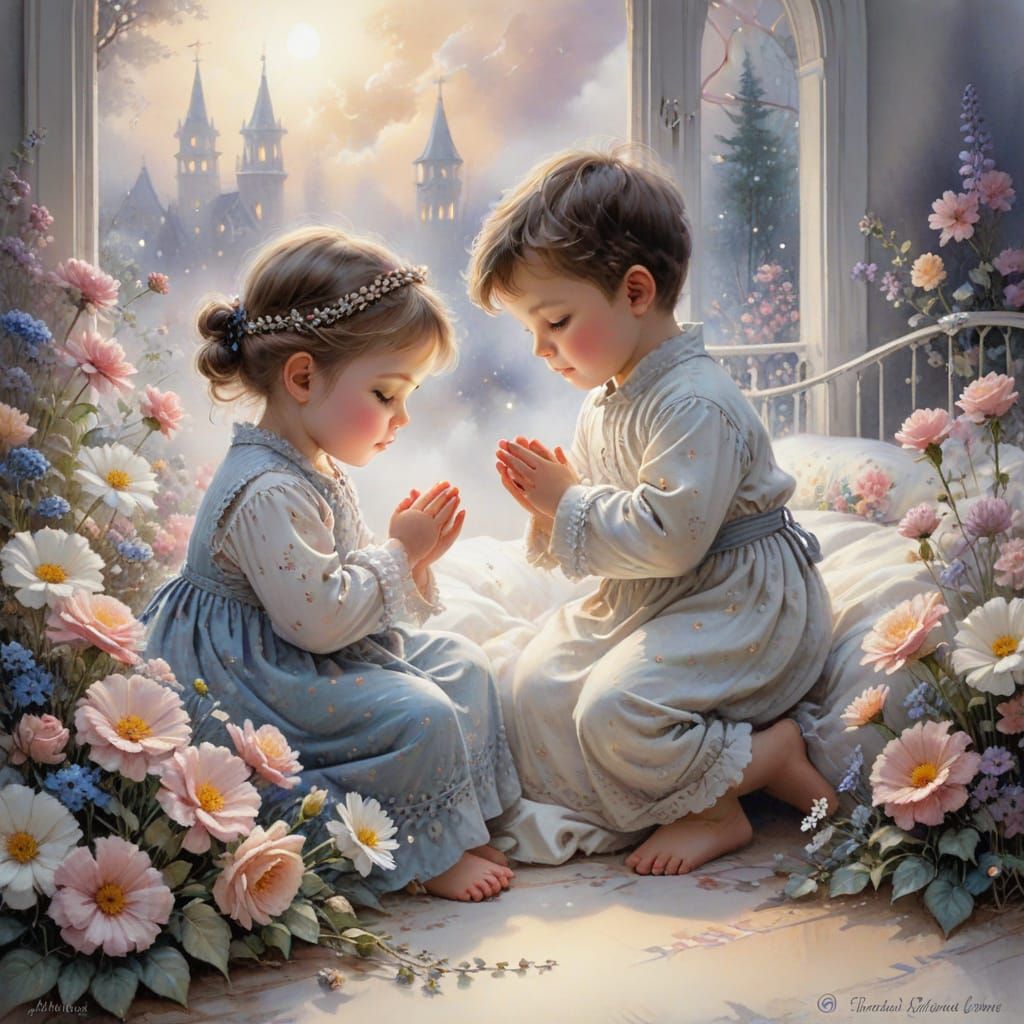 Ethereal Watercolour Prayer Scene with Flowers