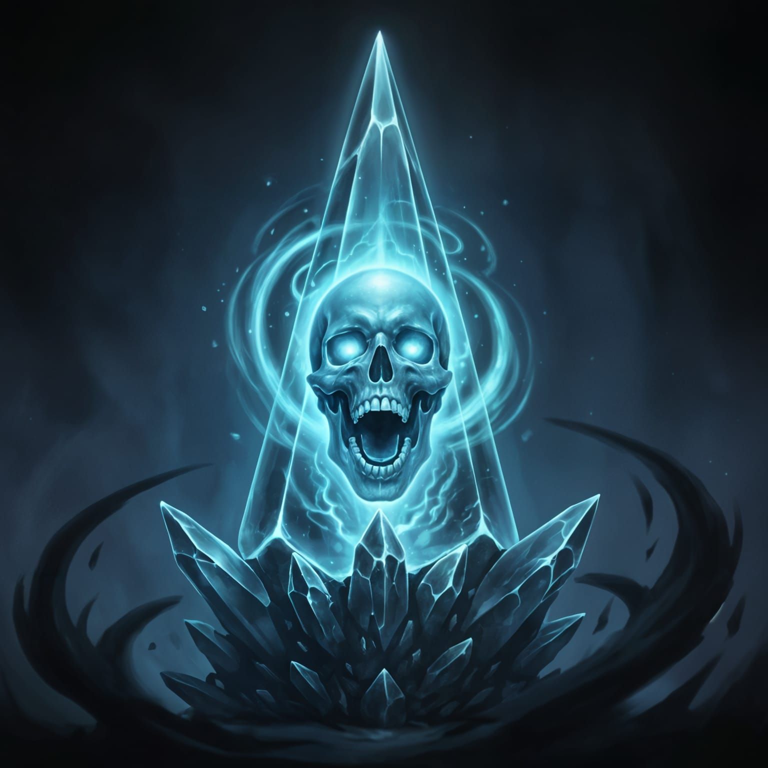 Spectral Skull in Luminous Soul Crystal with Eerie Blue Glow