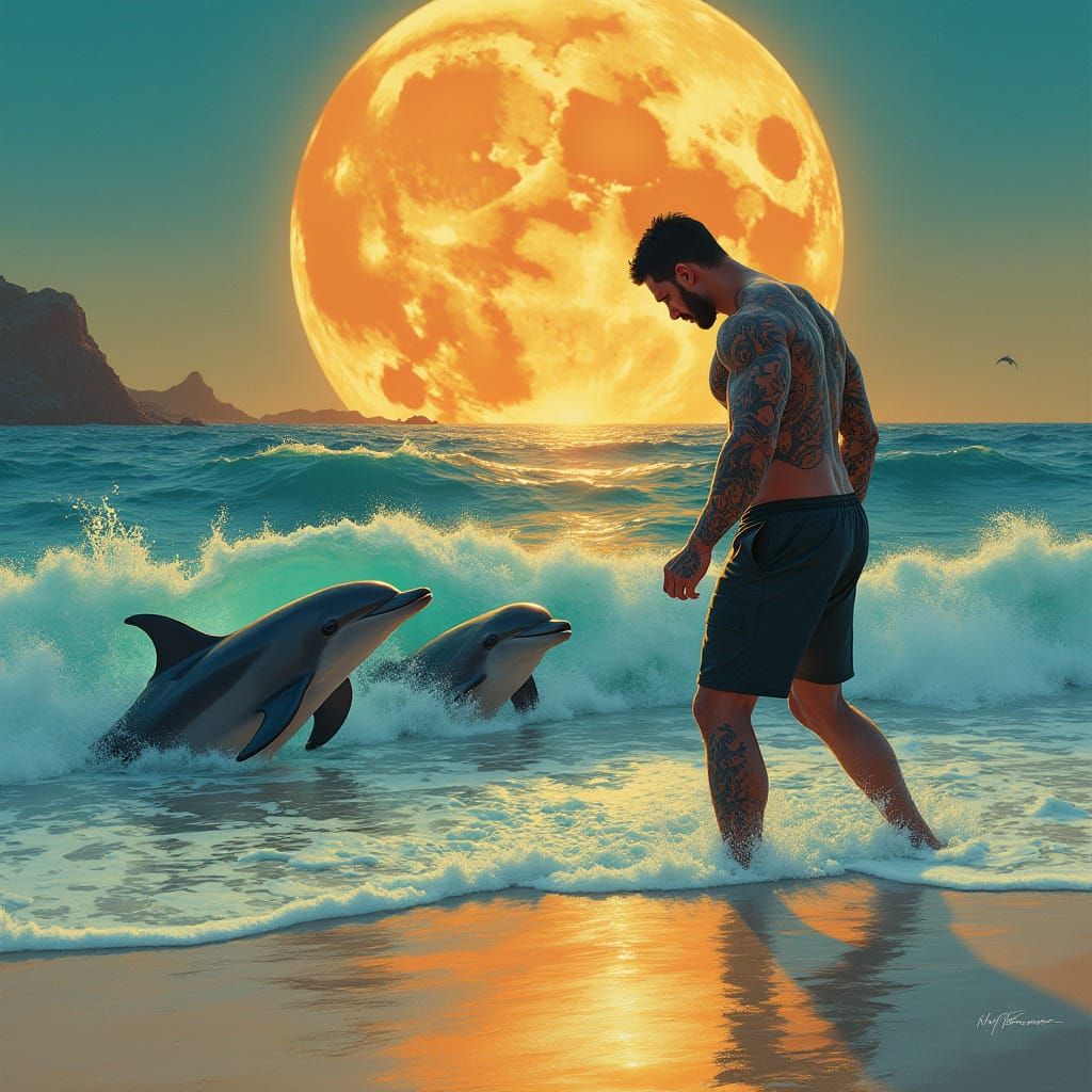 Bodybuilder Workout Watched by Dolphins: Digital Art