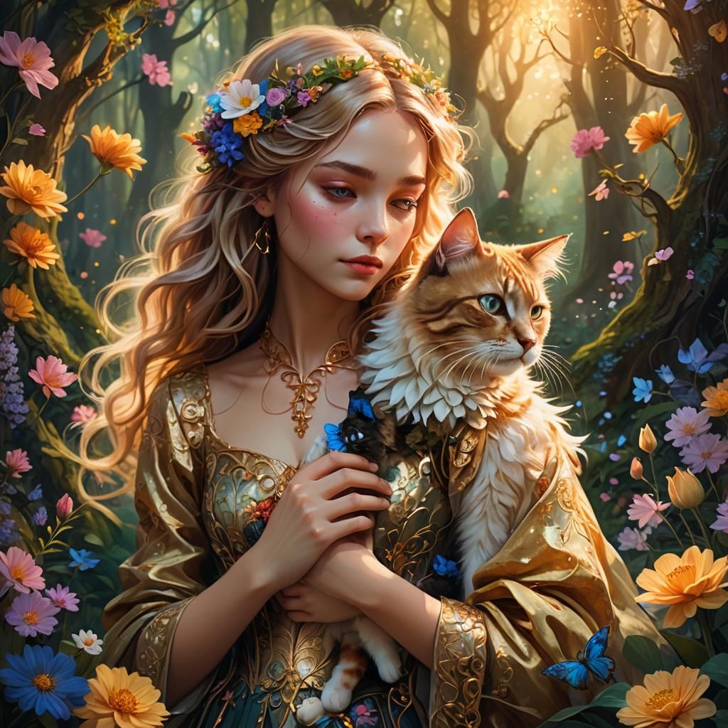 Enchanting Forest Scene: Woman and Cat in Fantasy Style