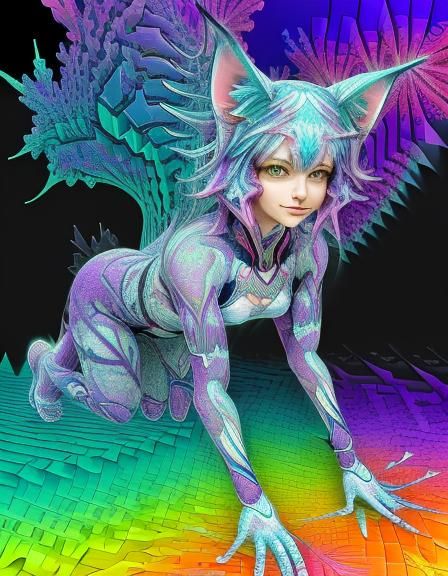 Whimsical Catgirl Gymnast in Fractal Rainbow Art