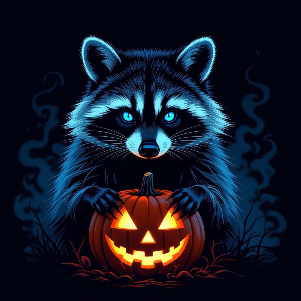 Gothic Raccoon Silhouette with Glowing Jack-o'-lantern