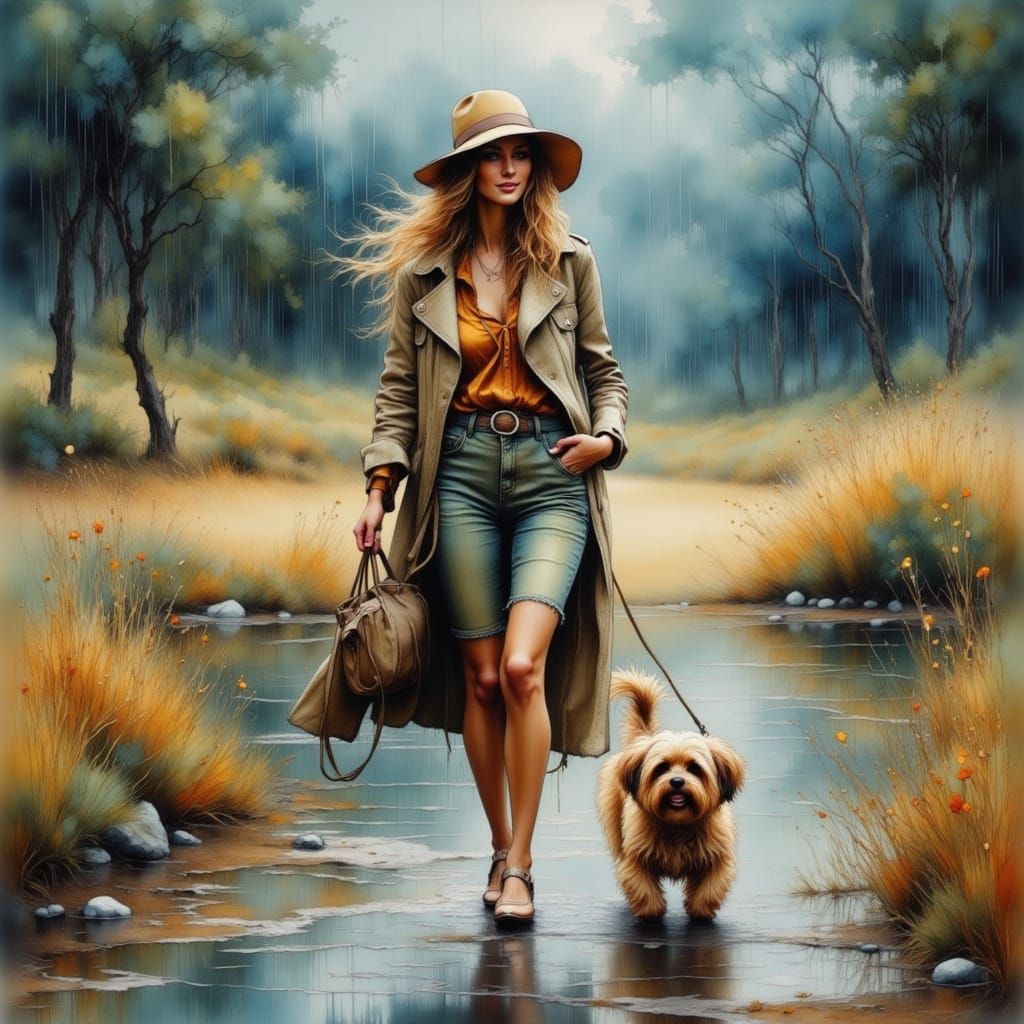 Woman and Dog Walking in Stormy Watercolor Landscape