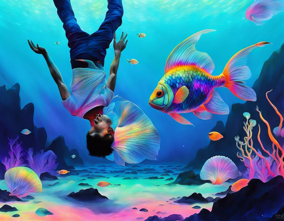 Surreal Underwater Scene: Man's Head Explodes into Rainbow D...