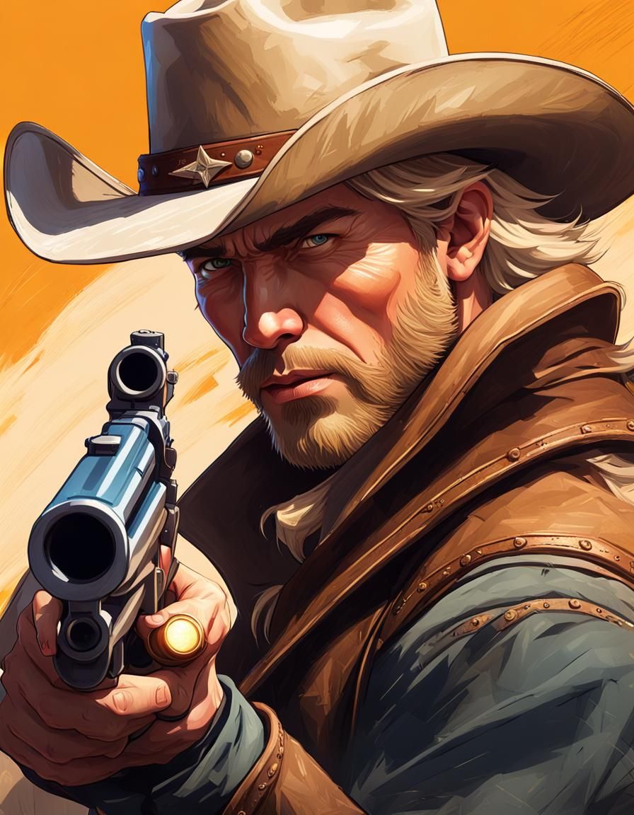Blond Cowboy with Rifle, Digital Art Portrait