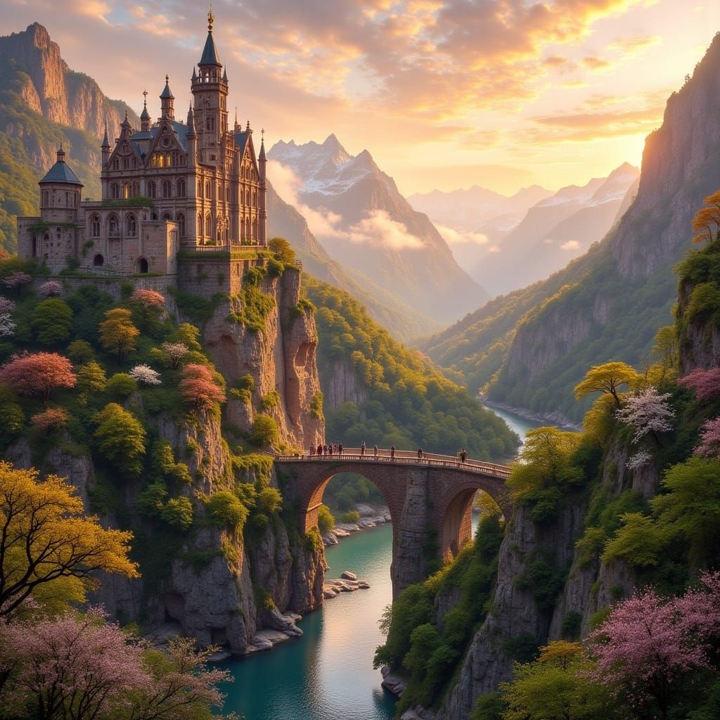 Fantasy Castle on Cliffside at Sunset in Digital Painting St...