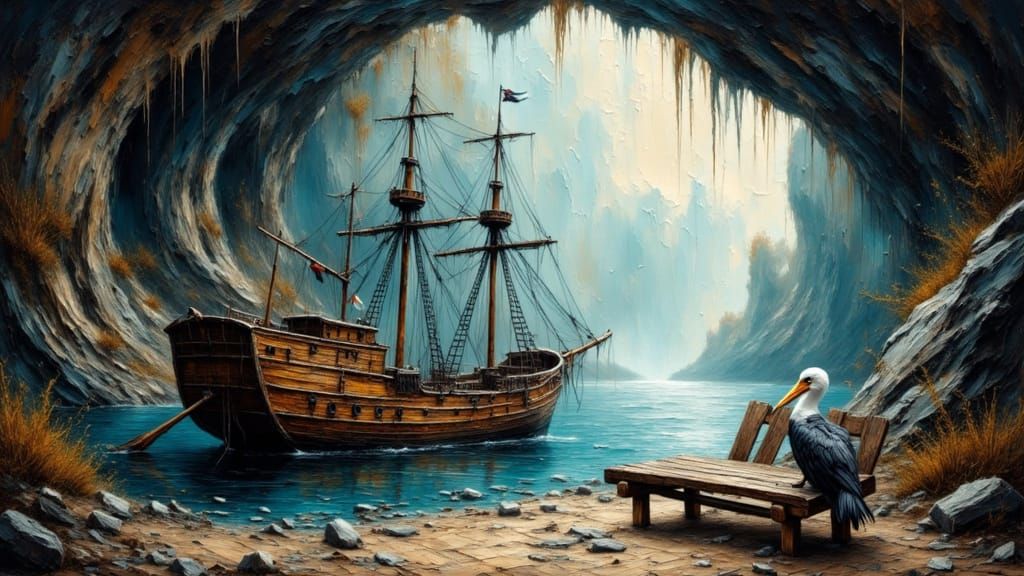Rustic Pirate Shipwreck Inside Desert Oasis Cave