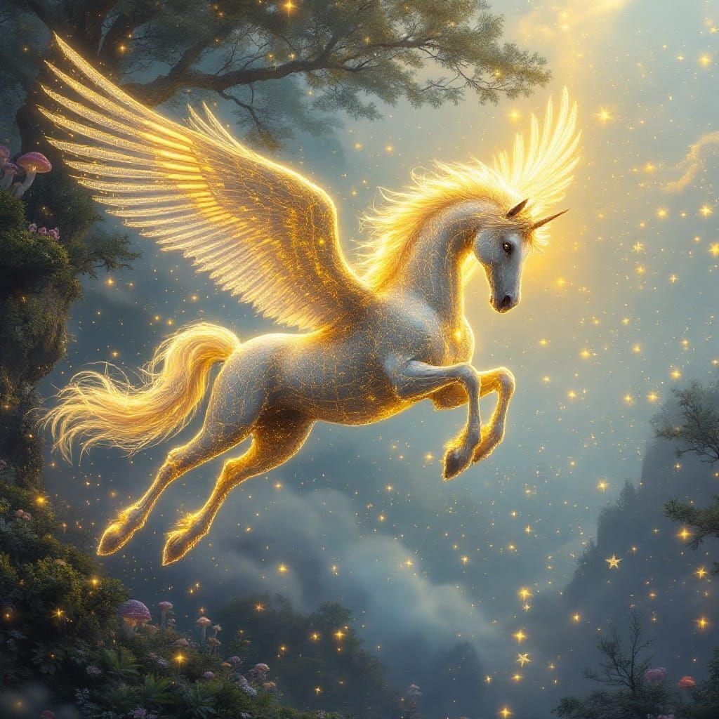 Luminous Pegasus Soaring Over Enchanted Forest