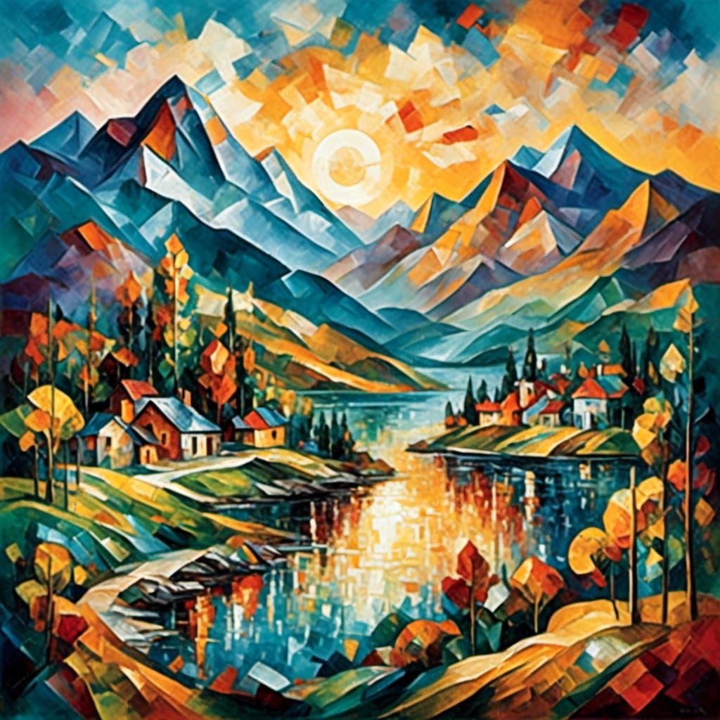 Cubist Sunrise Over Mountains