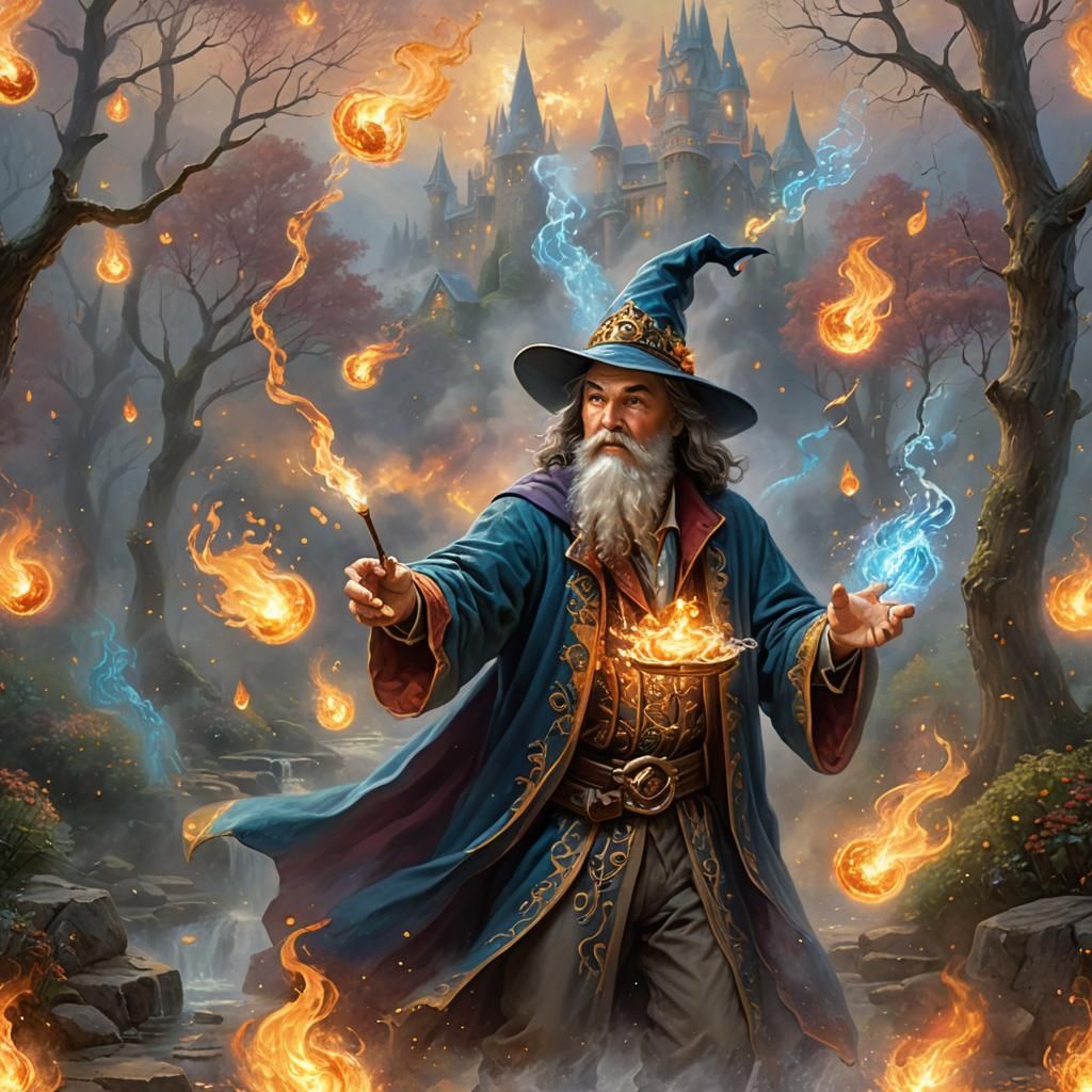 Wizard Juggling Fire and Water: Hyperrealistic Splash Art