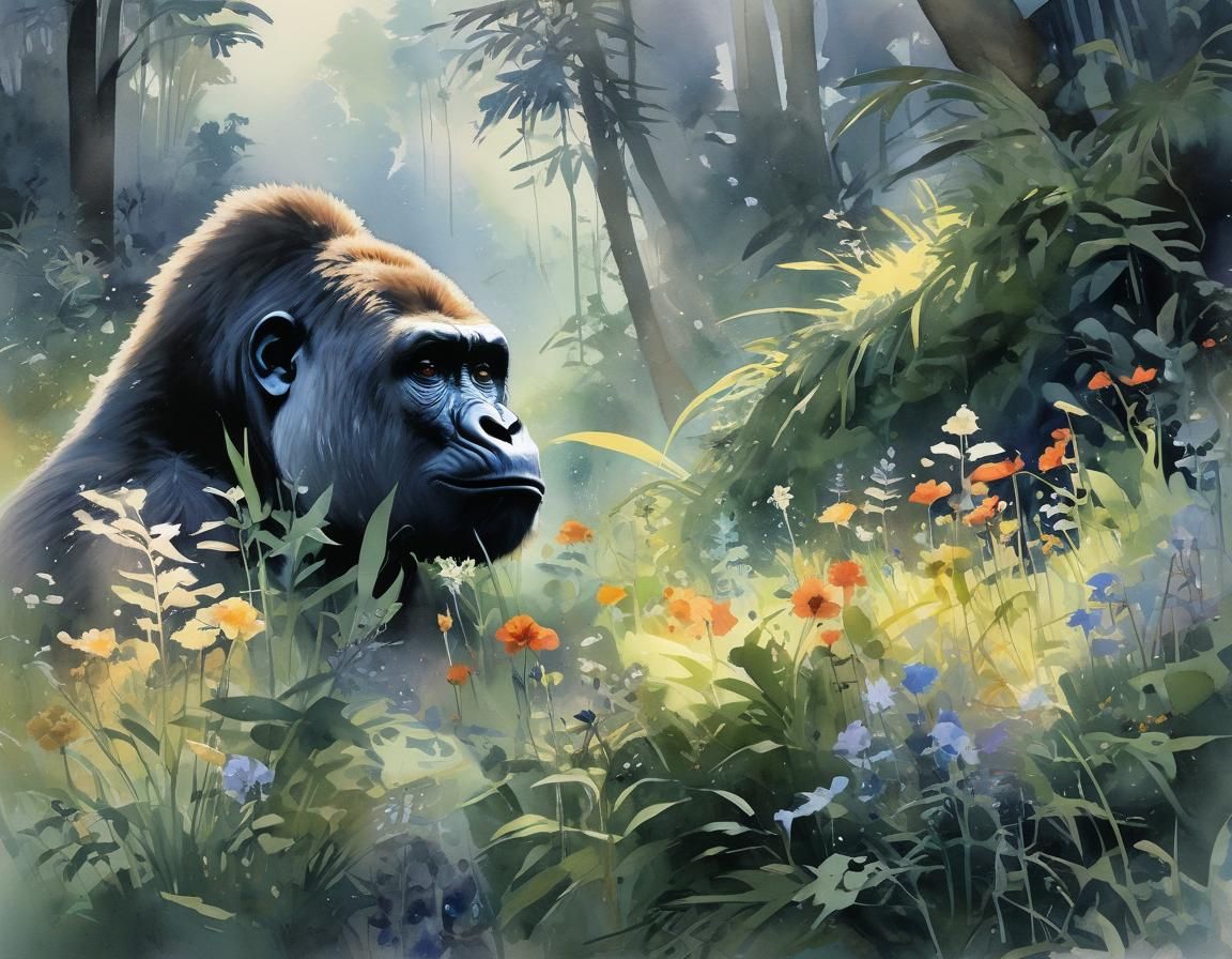 Gorilla in Rainforest: Watercolor by Schaller & Engle