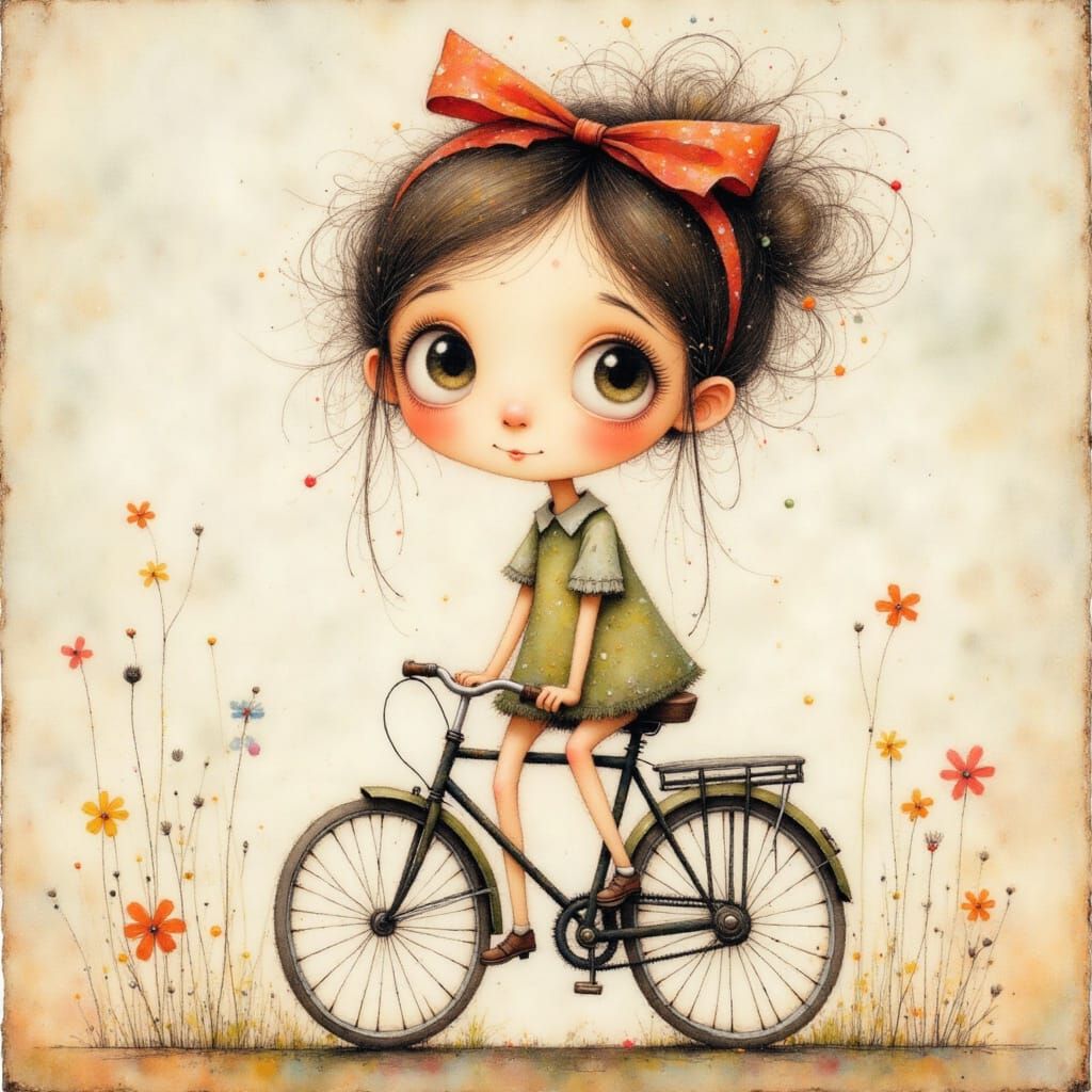 Girl on Bicycle in Kawaii Storybook Art