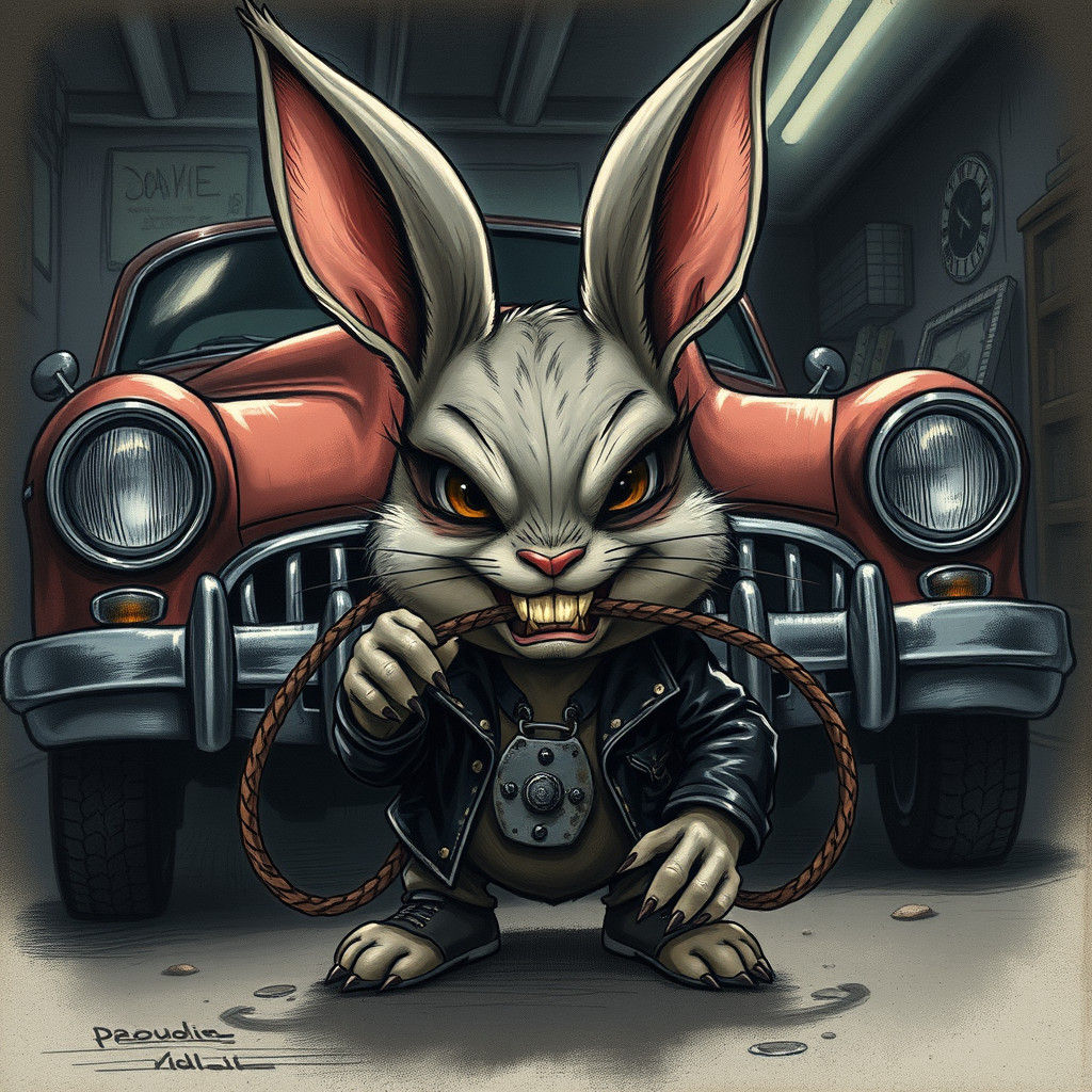 Sinister Cartoon Rabbit in Tim Burton Charcoal Style