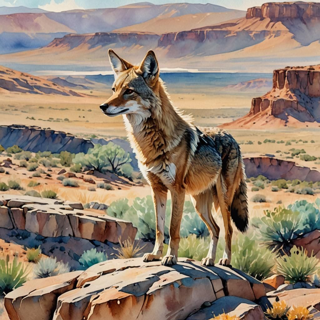 Coyote in Watercolor Desert Landscape