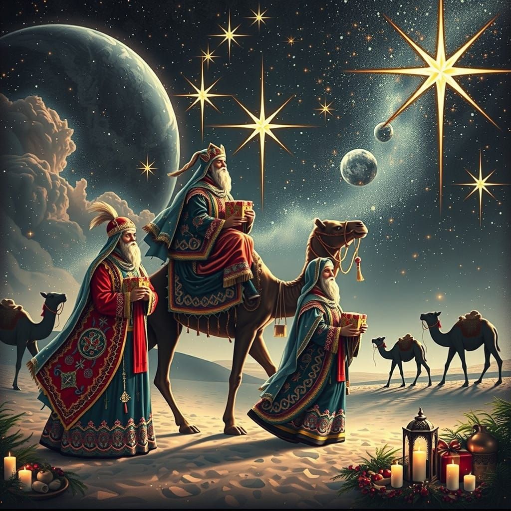 Wise Men in Elaborate Attire Ride Camels Through Starry Dese...