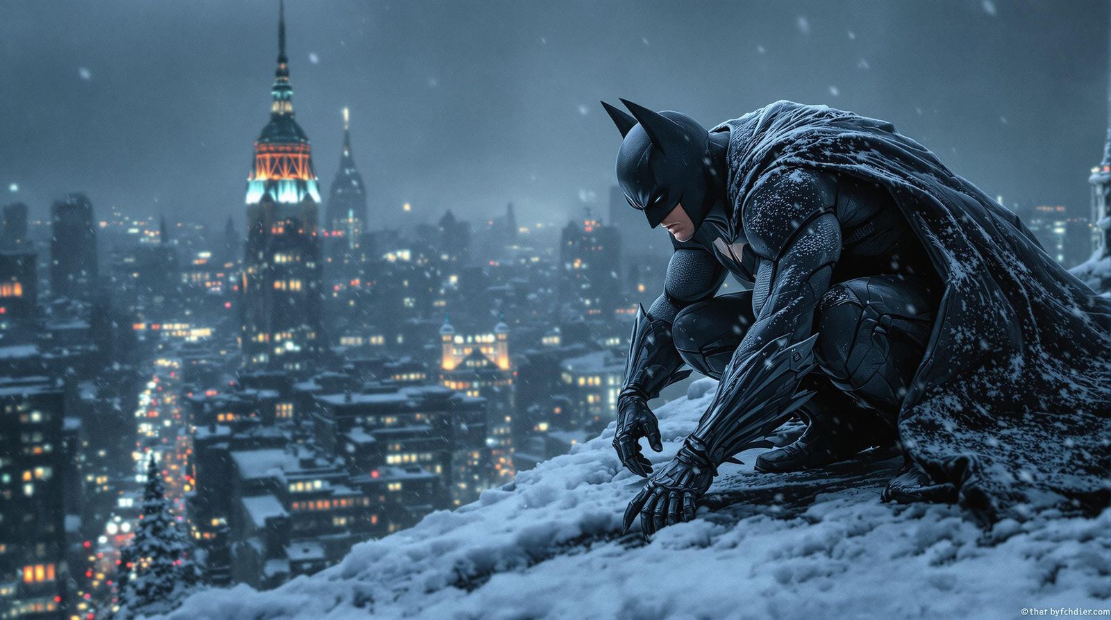 Batman Crouches Over Gotham on Christmas Eve in Hyper-Realis...