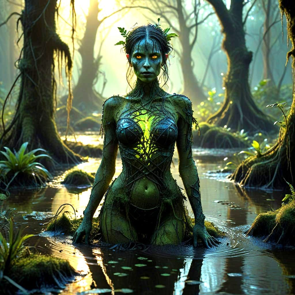 Swamp Lady Emerges from Murky Swamp at Sunrise