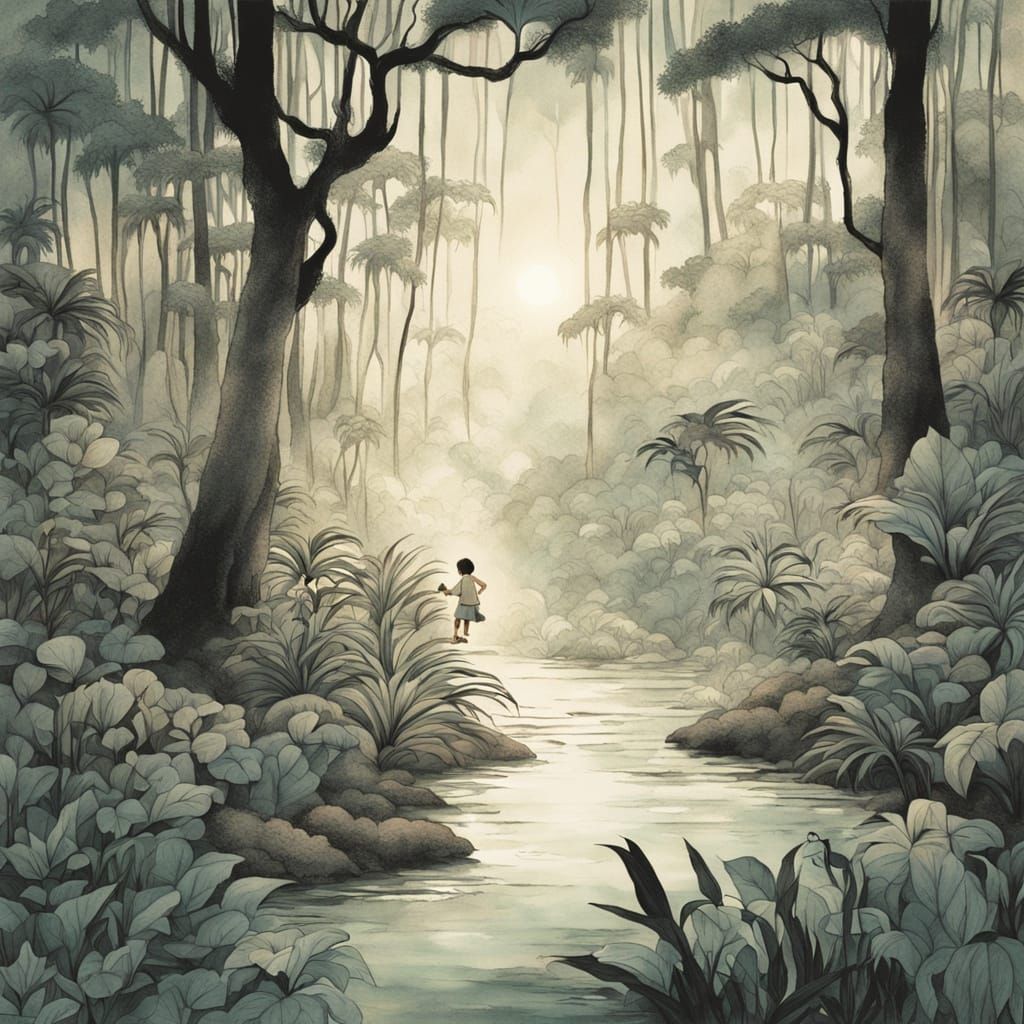Porcelain Child in Dreamlike Forest, Japanese Ink Style