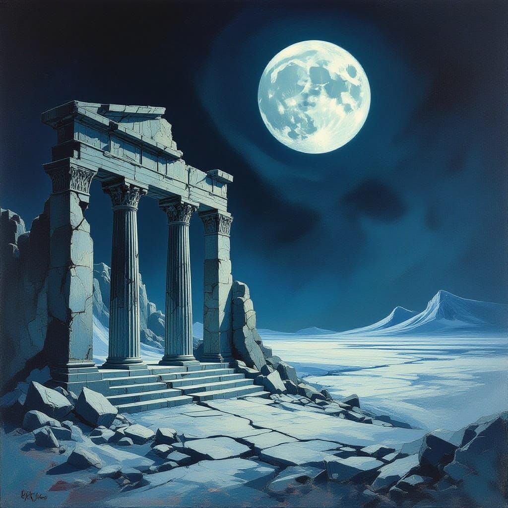 Ominous Expressionist Painting of Pluto Temple with Charon