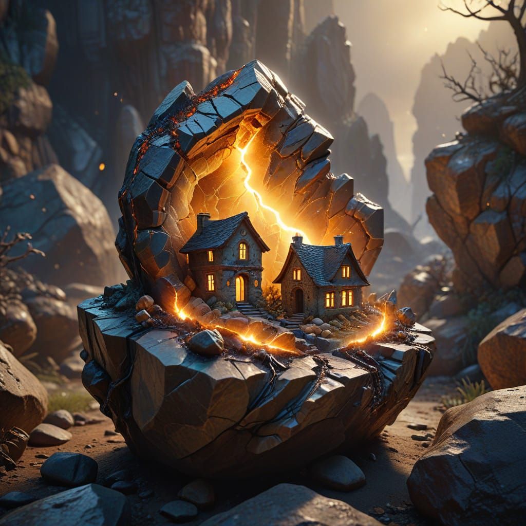 Mystical Cottage in Petrified Geode: Fantasy Concept Art