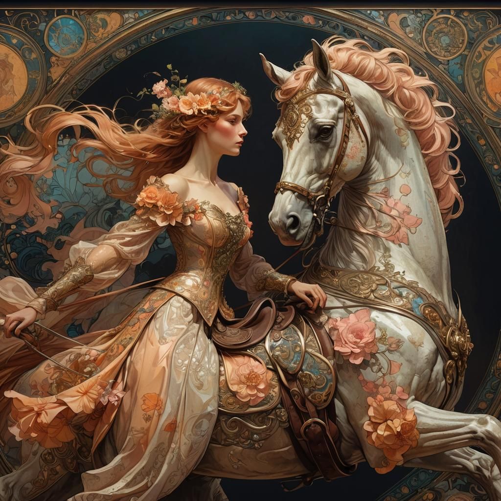 Art Nouveau Lady on Horse in Peach Tones