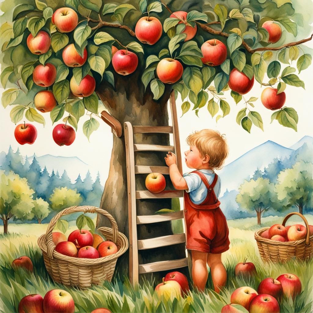 Apple Harvest Watercolor Illustration with Toddler