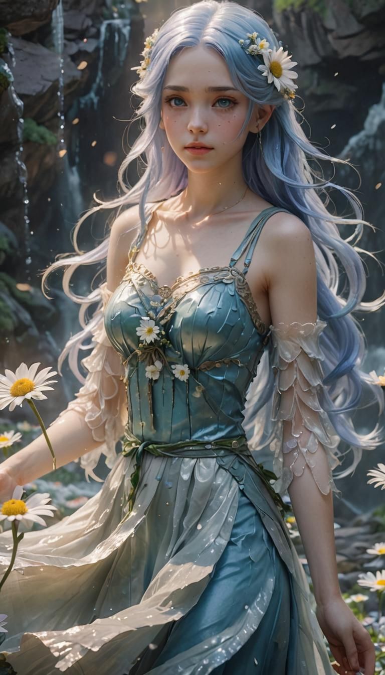 Anime Girl Portrait with Daisies in 3D