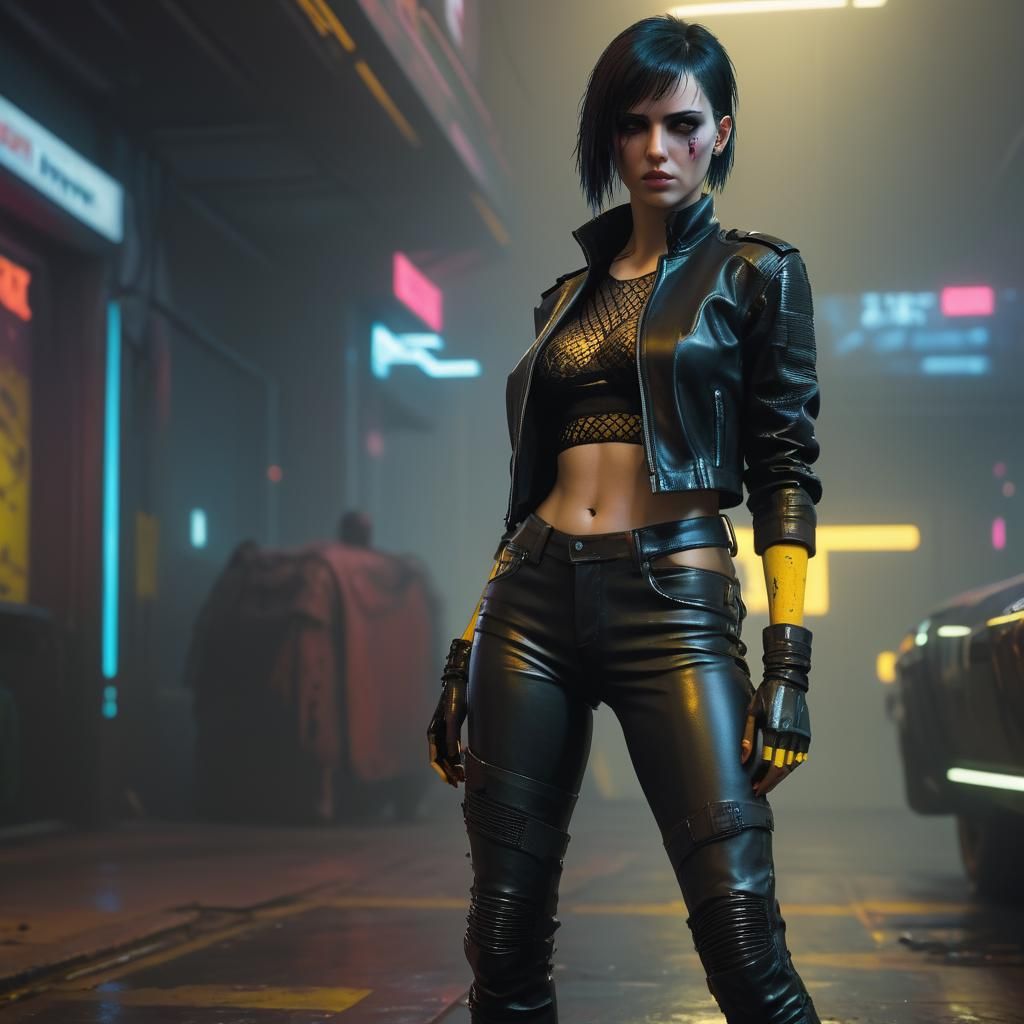 Hyperrealistic Cyberpunk Woman in Neon Cityscape