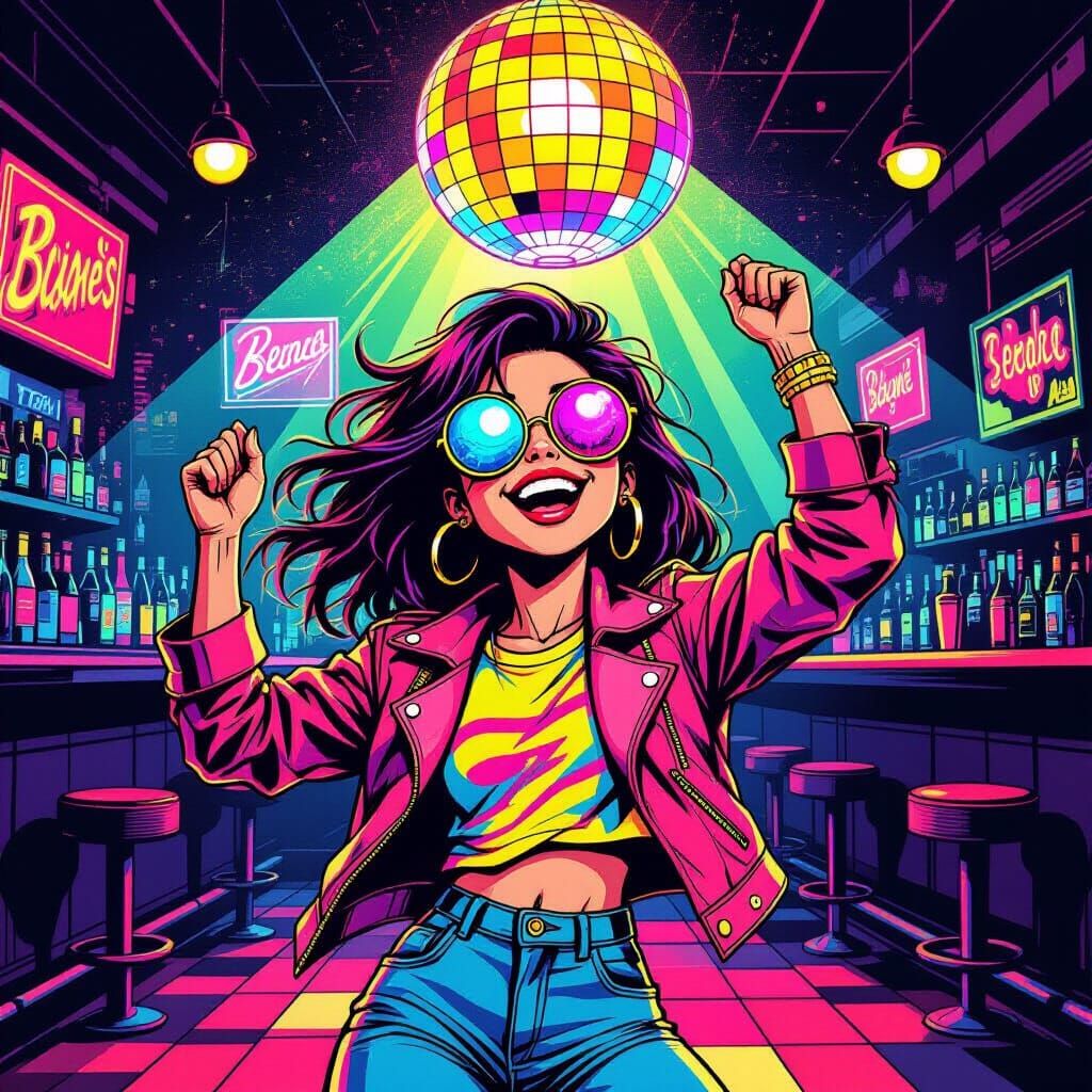 Teen Girl Dancing in Retro Bar with Disco Ball
