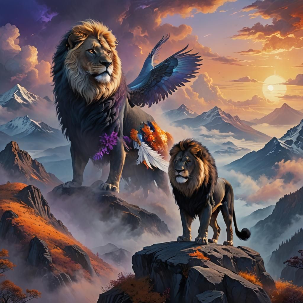 Winged Black Lion on Misty Peak