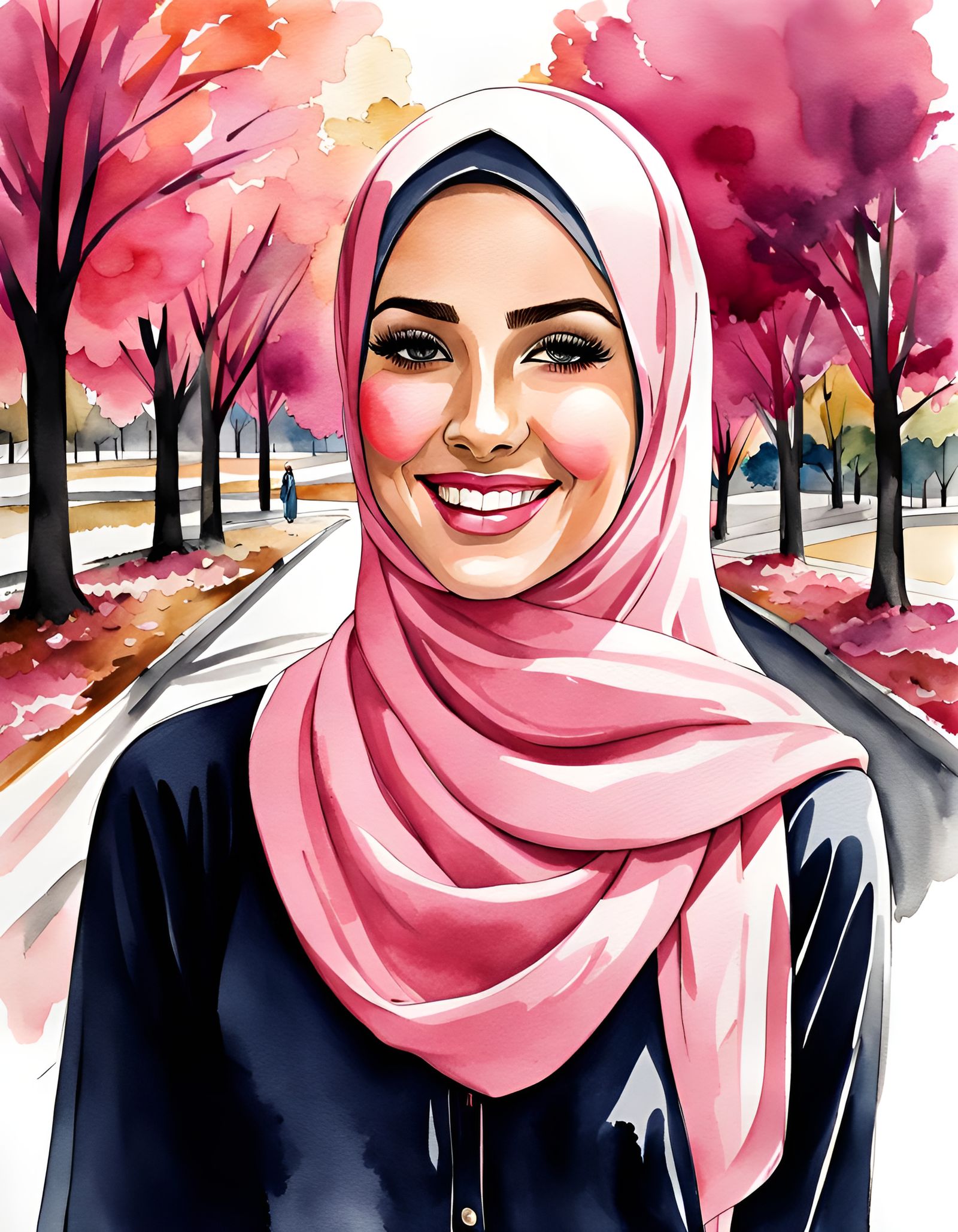 Elegant Woman in Pink Hijab, Watercolor Portrait