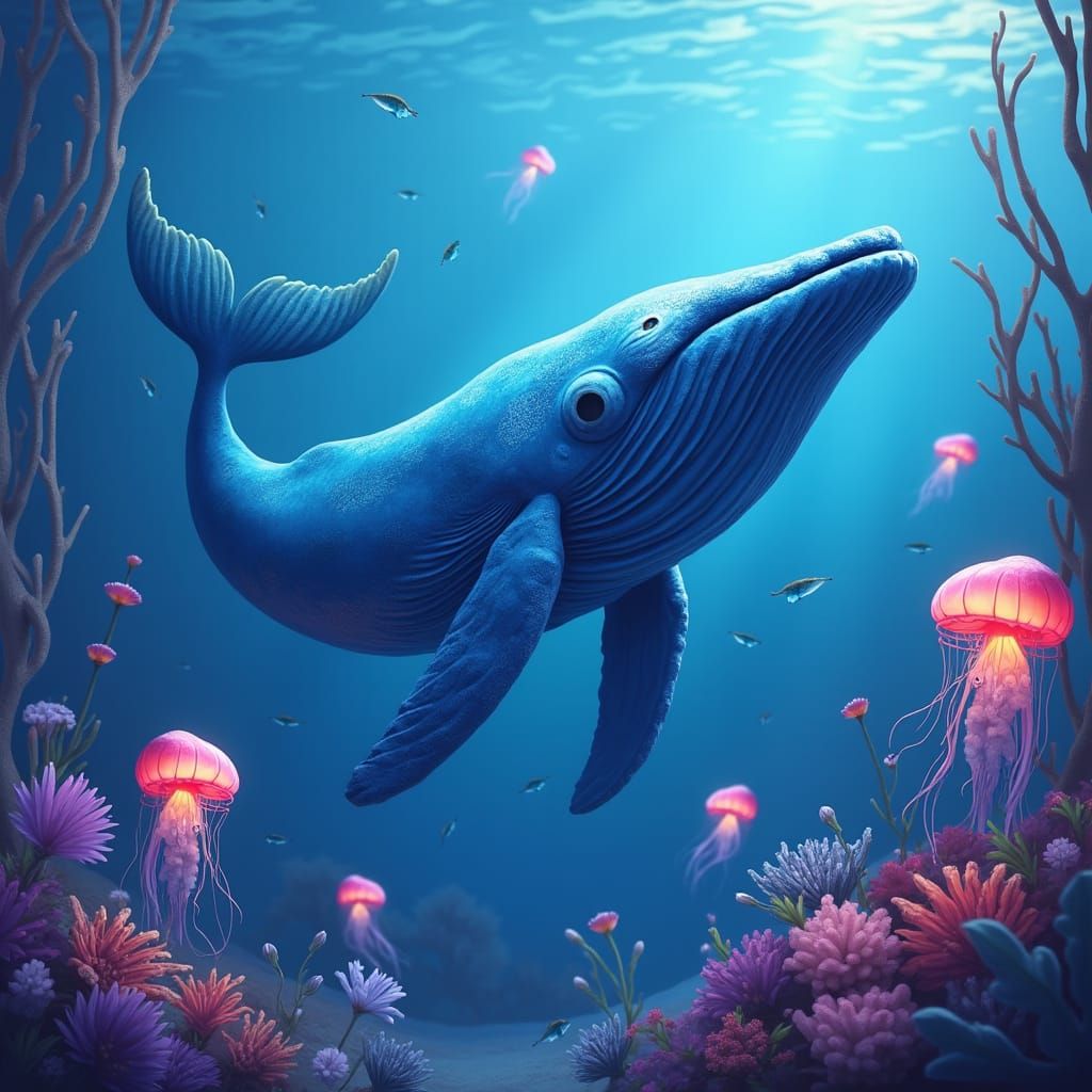 Blue Whale in Dreamlike Underwater Acrylic Painting