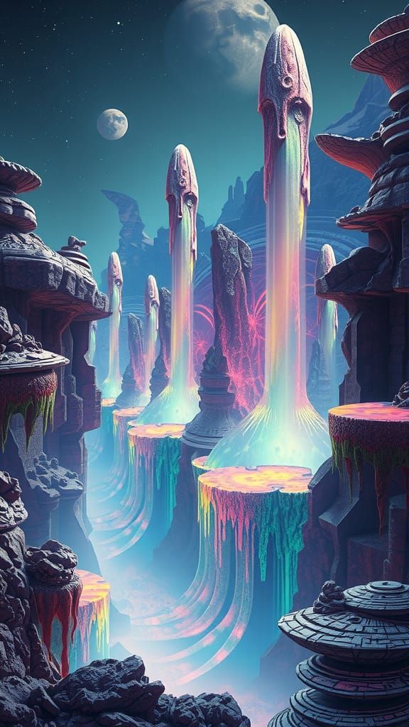 Surreal Waterfalls on Alien Planet in Dark Surrealist Style