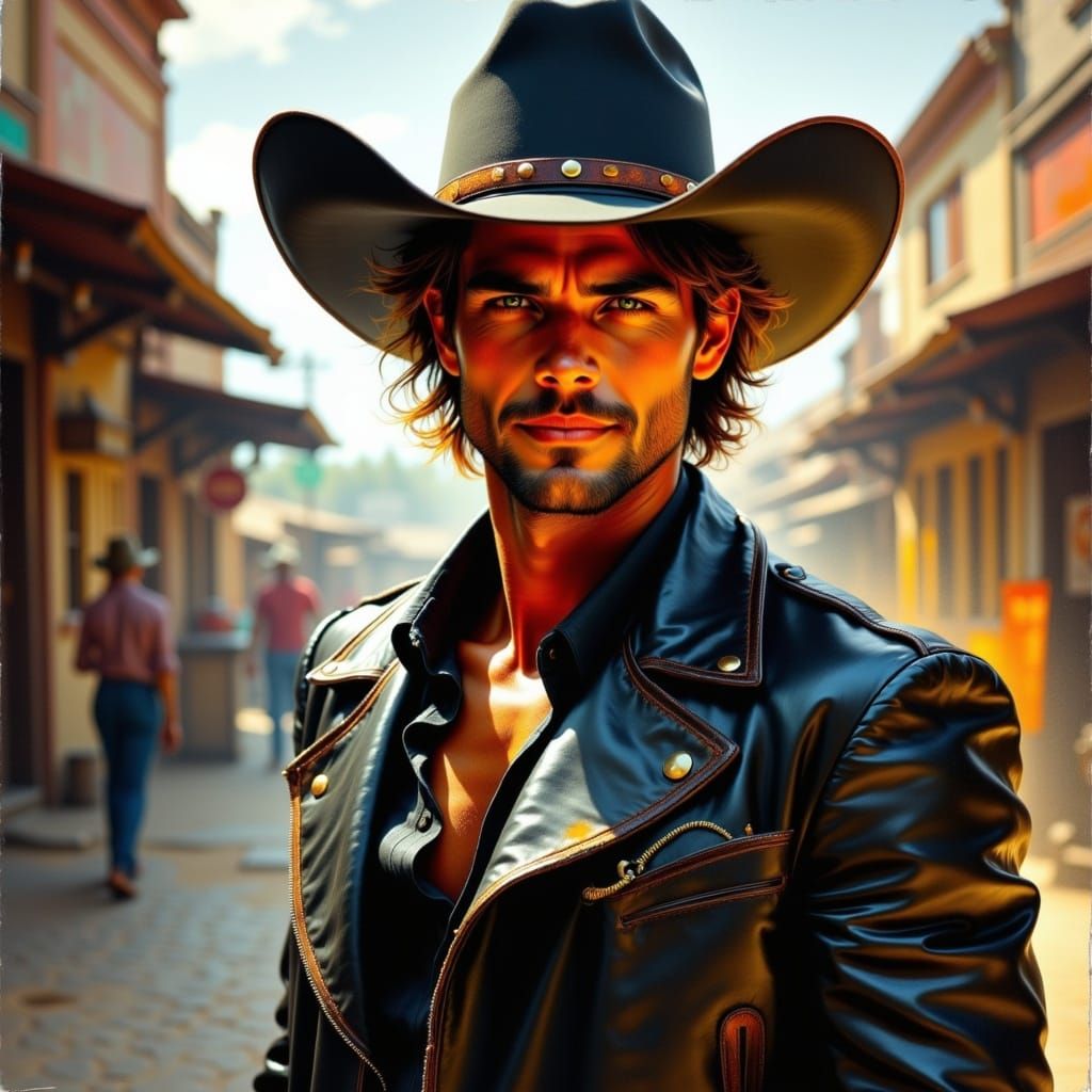 <lora:SD3-5 L:1.0> young cowboy handsome male face portrait ...